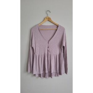 Y2K American Eagle Ribbed Babydoll Top Mauve Lavender V-Neck Button Peplum XL